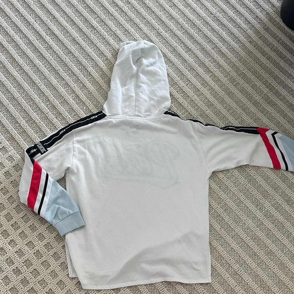 PINK Victoria's Secret White Hoodie with Colorful Sleeve Stripes - Picture 6 of 7